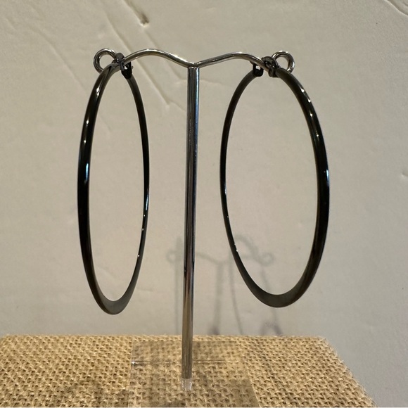 Fadi Gunmetal / Black Marked Stainless Steel large thin hoop earrings - 2 inches - Picture 1 of 12